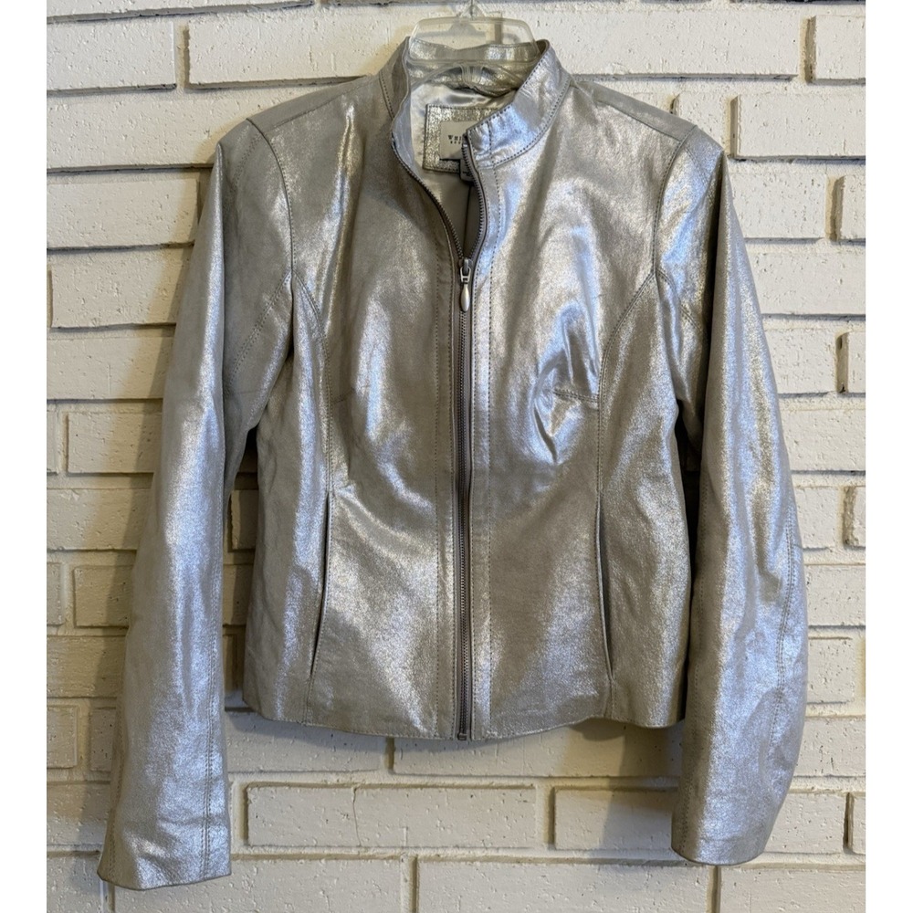 White House Black Market Silver Leather Zip up Women's Jacket, Sz. XS